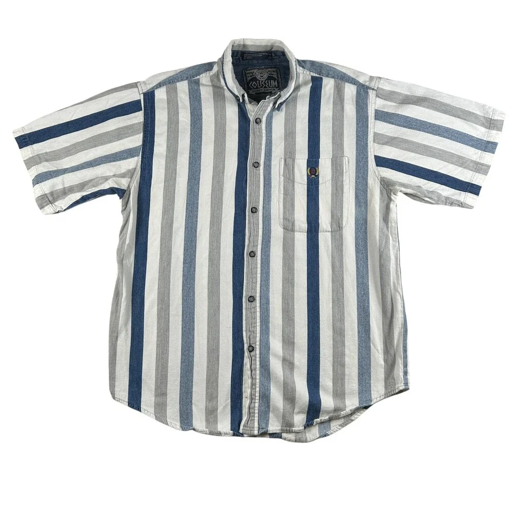 Vintage Coliseum Shirt Mens Large Blue Gray White Striped Button Up Casual 90s